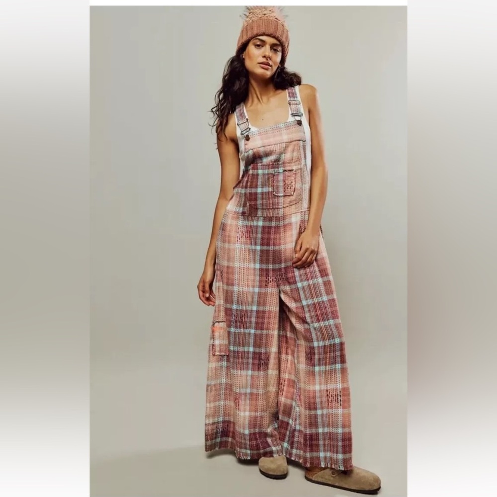 NWOT Free People Wayland Overalls Wide Leg Crop Embroidered Mystic Ombre Plaid
